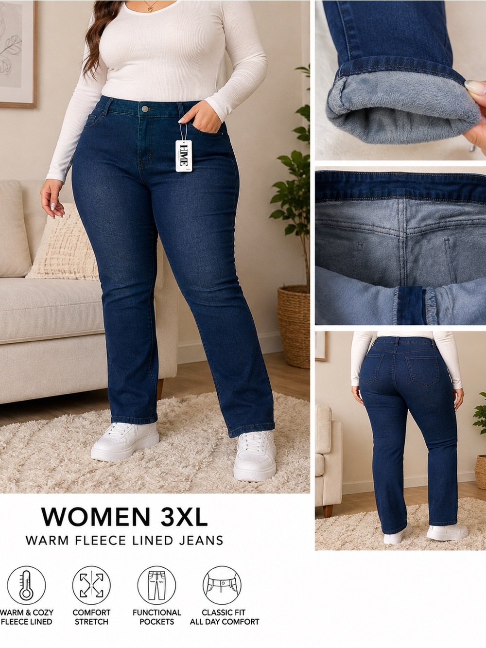 Warm Fleece-Lined High-Rise Jeans for Women — Dark Blue